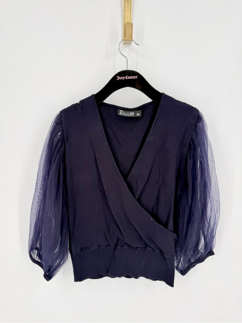 New York & Company Navy Sheer-Puff Sleeve Wrap Sweater